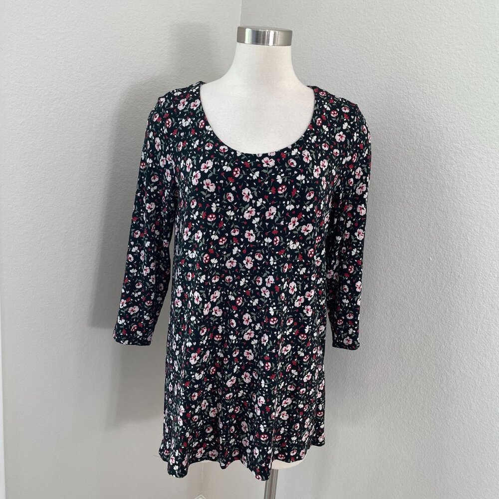 J Jill Wearever Womens‎ Medium Tall Floral Tunic Top 3/4 Sleeve Stretch Shirt